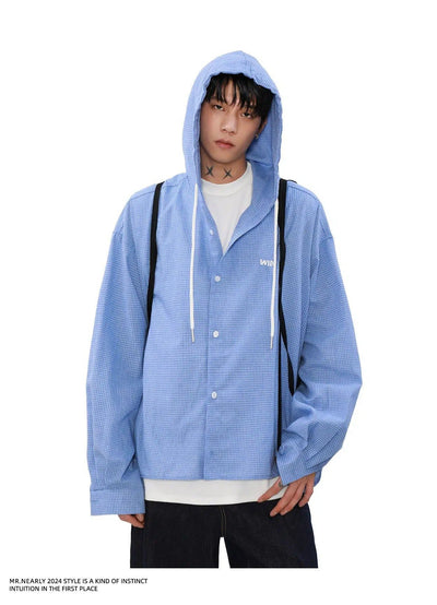 Drawcord Plaid Hooded Buttoned Shirt Korean Street Fashion Shirt By Mr Nearly Shop Online at OH Vault