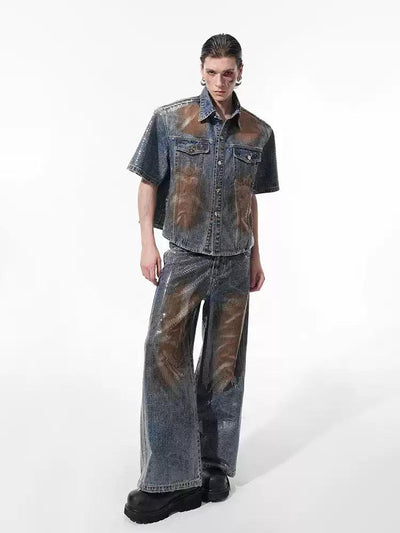 Rustic Fade Beaded Denim Shirt & Straight Jeans Set Korean Street Fashion Clothing Set By Slim Black Shop Online at OH Vault