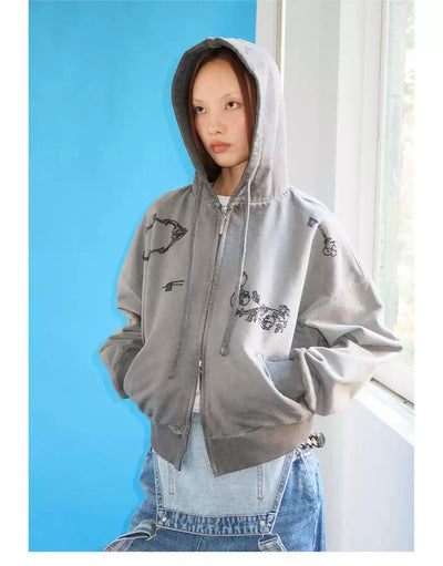 Rhinestoned Drawings Dual-End Zipped Hoodie Korean Street Fashion Hoodie By Funky Fun Shop Online at OH Vault