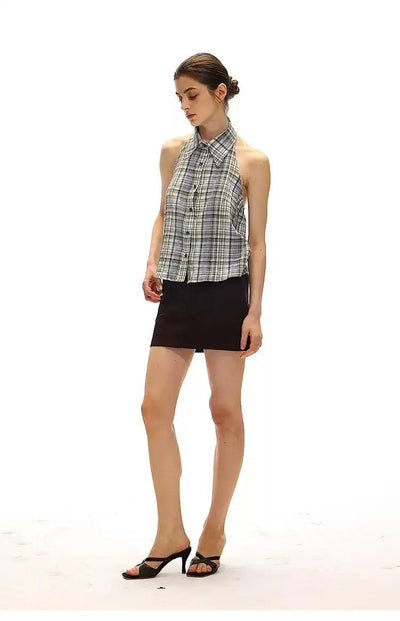 Plaid Halter Neck Blouse Korean Street Fashion Vest By Country Moment Shop Online at OH Vault