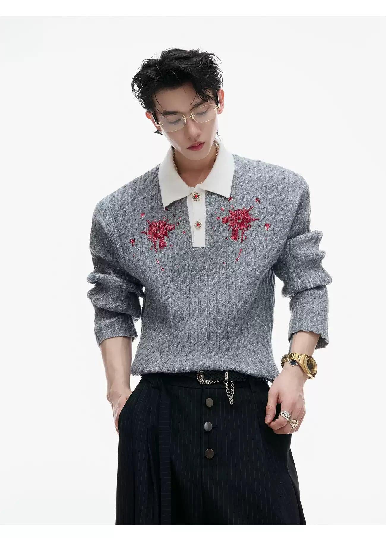 Contrast Cable Knit Polo Neck Sweater Korean Street Fashion Sweater By Argue Culture Shop Online at OH Vault