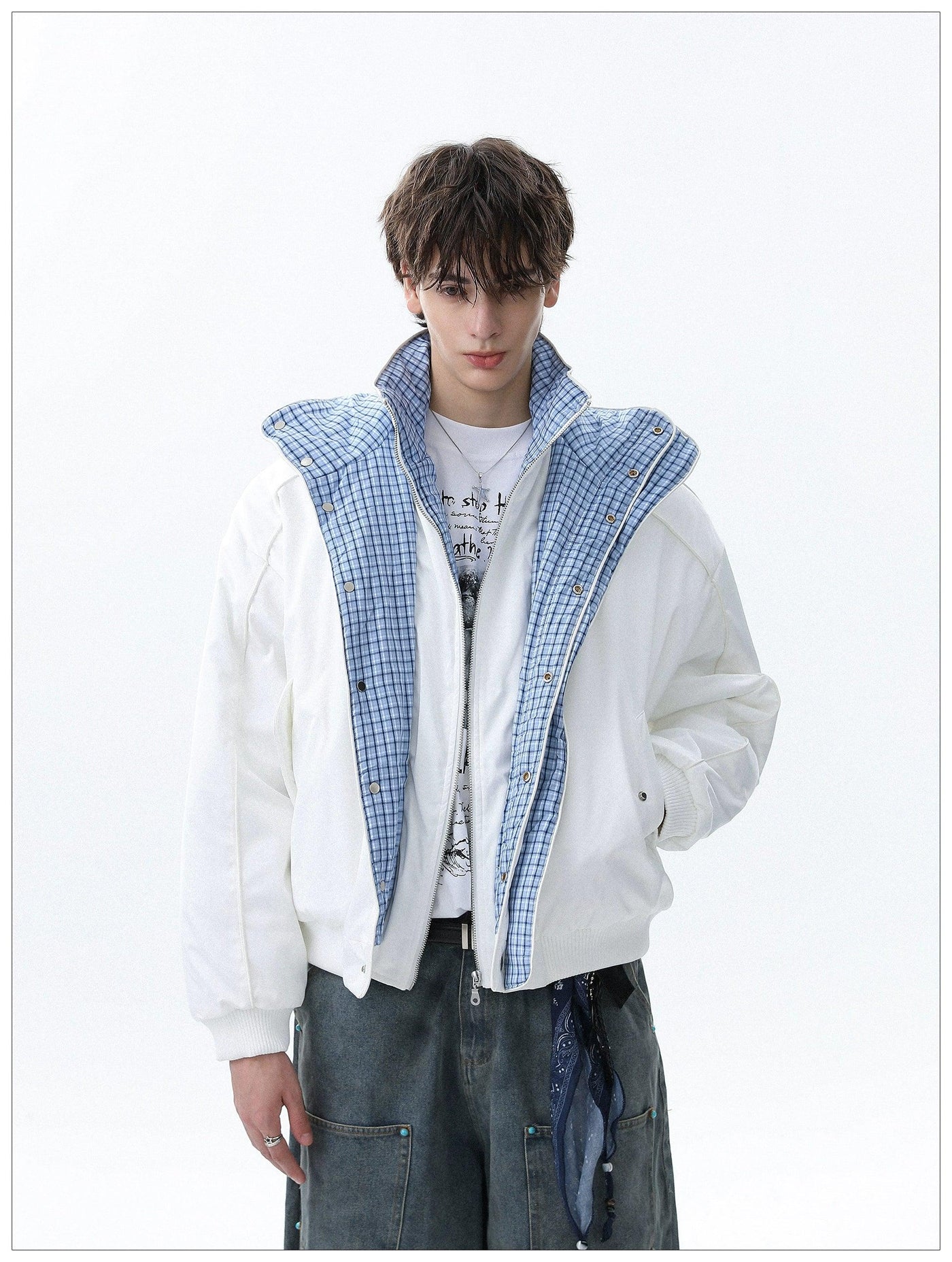Checker Spliced Bomber Jacket Korean Street Fashion Jacket By Mr Nearly Shop Online at OH Vault