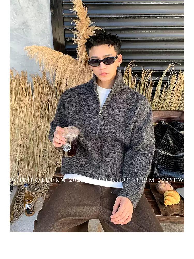 Stand Collar Textured Knit Jacket Korean Street Fashion Jacket By Poikilotherm Shop Online at OH Vault