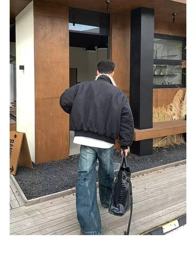 Fur-Trim Contrast Bomber Jacket Korean Street Fashion Jacket By Poikilotherm Shop Online at OH Vault