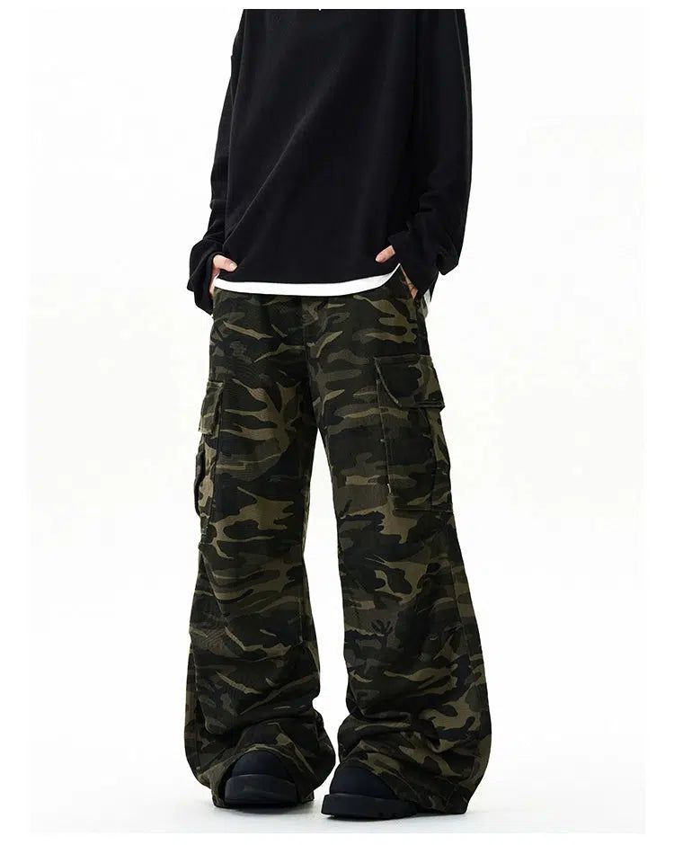 Camouflage Straight Flared Cargo Pants Korean Street Fashion Pants By A PUEE Shop Online at OH Vault