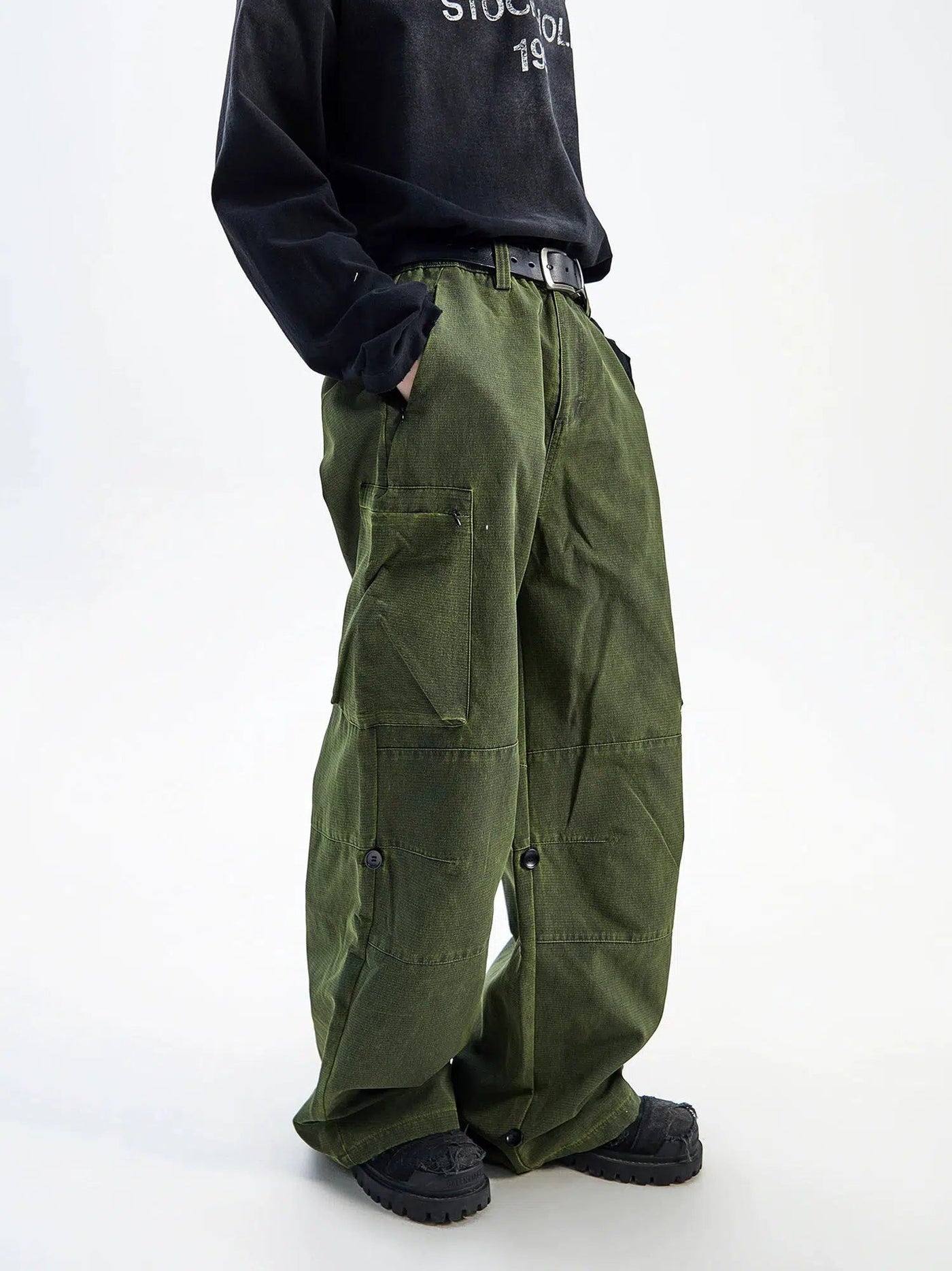 Big Pocket Buttons Baggy Fit Cargo Pants Korean Street Fashion Pants By Ash Dark Shop Online at OH Vault