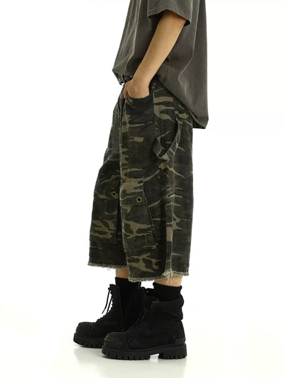 Camouflage Frayed Denim Shorts Korean Street Fashion Shorts By MEBXX Shop Online at OH Vault