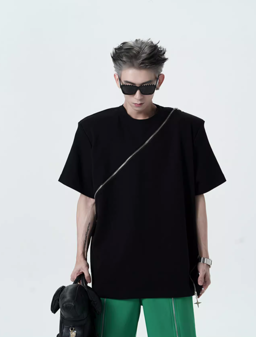 Solid Slant Zipper T-Shirt Korean Street Fashion T-Shirt By Slim Black Shop Online at OH Vault