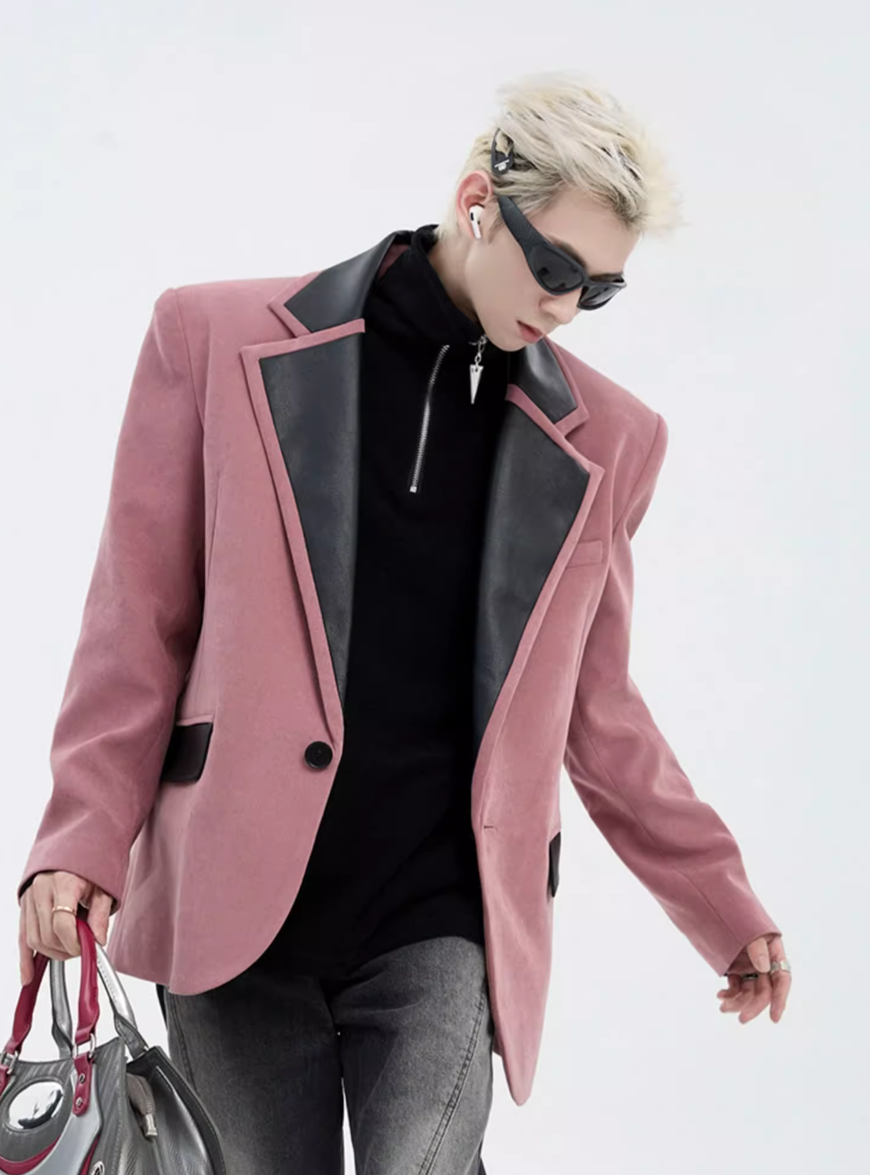 Shoulder Padded PU Leather Spliced Blazer Korean Street Fashion Blazer By Slim Black Shop Online at OH Vault