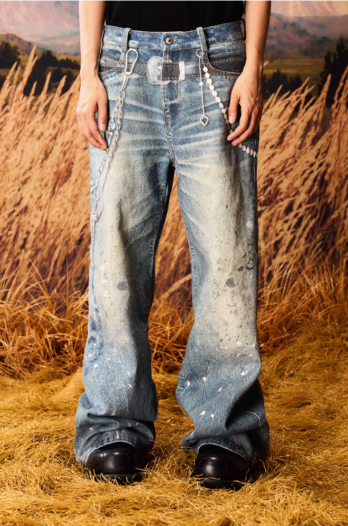 Ink-Splashed Chain Detail Jeans Korean Street Fashion Jeans By Yad Crew Shop Online at OH Vault