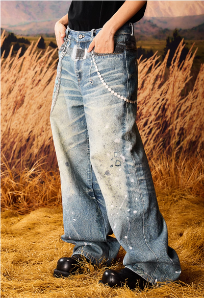 Ink-Splashed Chain Detail Jeans Korean Street Fashion Jeans By Yad Crew Shop Online at OH Vault