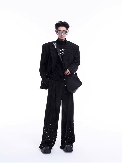 Striped Metal Rivet Double Breasted Blazer & Pleated Trousers Set Korean Street Fashion Clothing Set By Slim Black Shop Online at OH Vault