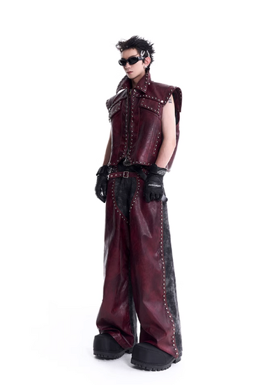 Structured Metal Rivet PU Leather Vest & Spliced Pants Set Korean Street Fashion Clothing Set By Slim Black Shop Online at OH Vault