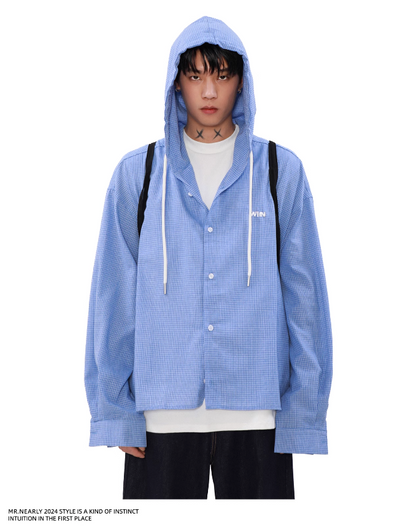 Drawcord Plaid Hooded Buttoned Shirt Korean Street Fashion Shirt By Mr Nearly Shop Online at OH Vault