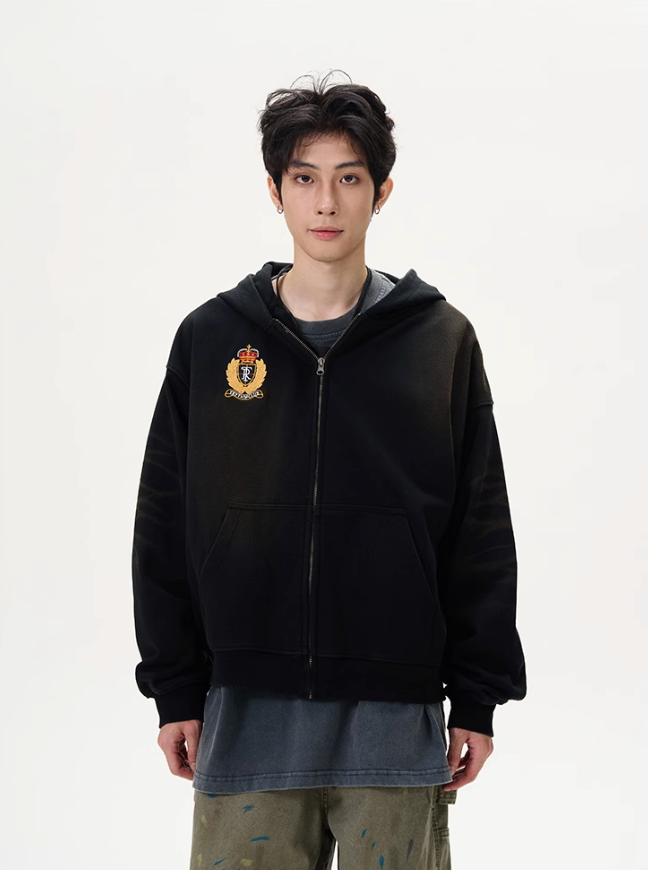 Washed Badge Embroidery Zip-Up Hoodie Korean Street Fashion Hoodie By 77Flight Shop Online at OH Vault