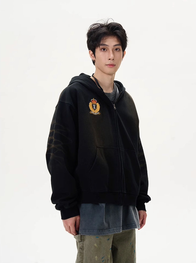 Washed Badge Embroidery Zip-Up Hoodie Korean Street Fashion Hoodie By 77Flight Shop Online at OH Vault