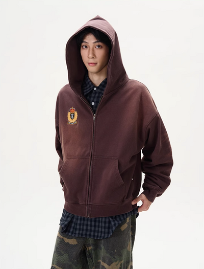 Washed Badge Embroidery Zip-Up Hoodie Korean Street Fashion Hoodie By 77Flight Shop Online at OH Vault