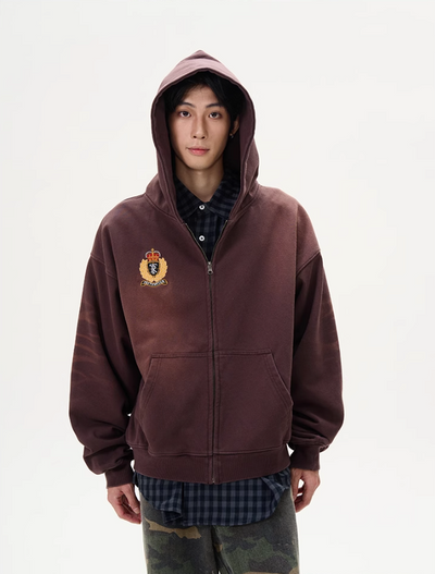 Washed Badge Embroidery Zip-Up Hoodie Korean Street Fashion Hoodie By 77Flight Shop Online at OH Vault