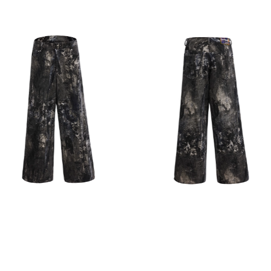 Ink-Splash Print Wide Leg Jeans