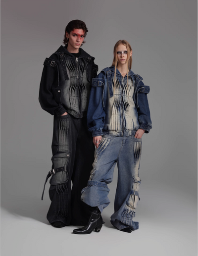 Faded & Pleated Multi-Detail Denim Jacket & Jeans Set Korean Street Fashion Clothing Set By Argue Culture Shop Online at OH Vault