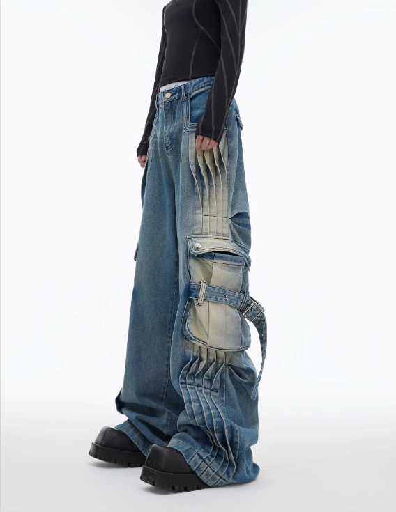 Faded & Pleated Multi-Detail Denim Jacket & Jeans Set