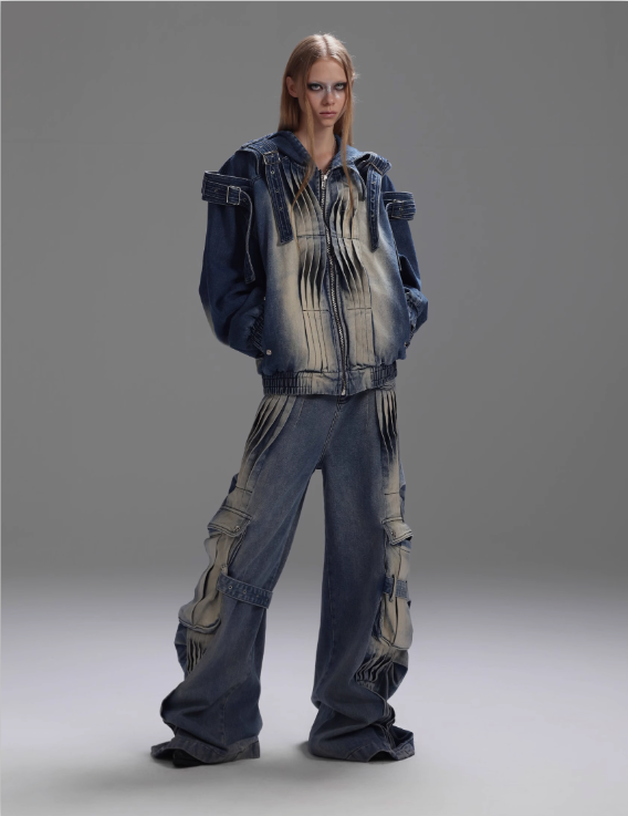 Faded & Pleated Multi-Detail Denim Jacket & Jeans Set Korean Street Fashion Clothing Set By Argue Culture Shop Online at OH Vault