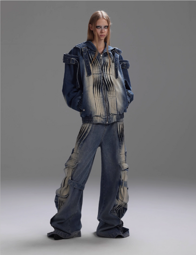 Faded & Pleated Multi-Detail Denim Jacket & Jeans Set