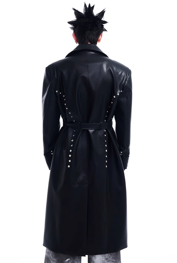 Rivet Detail PU Leather Long Coat Korean Street Fashion Long Coat By Slim Black Shop Online at OH Vault