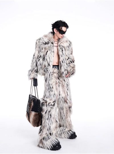 Furry Leopard Jacket & Side Pocket Pants Set Korean Street Fashion Clothing Set By Slim Black Shop Online at OH Vault