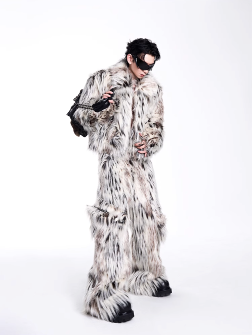 Furry Leopard Jacket & Side Pocket Pants Set Korean Street Fashion Clothing Set By Slim Black Shop Online at OH Vault