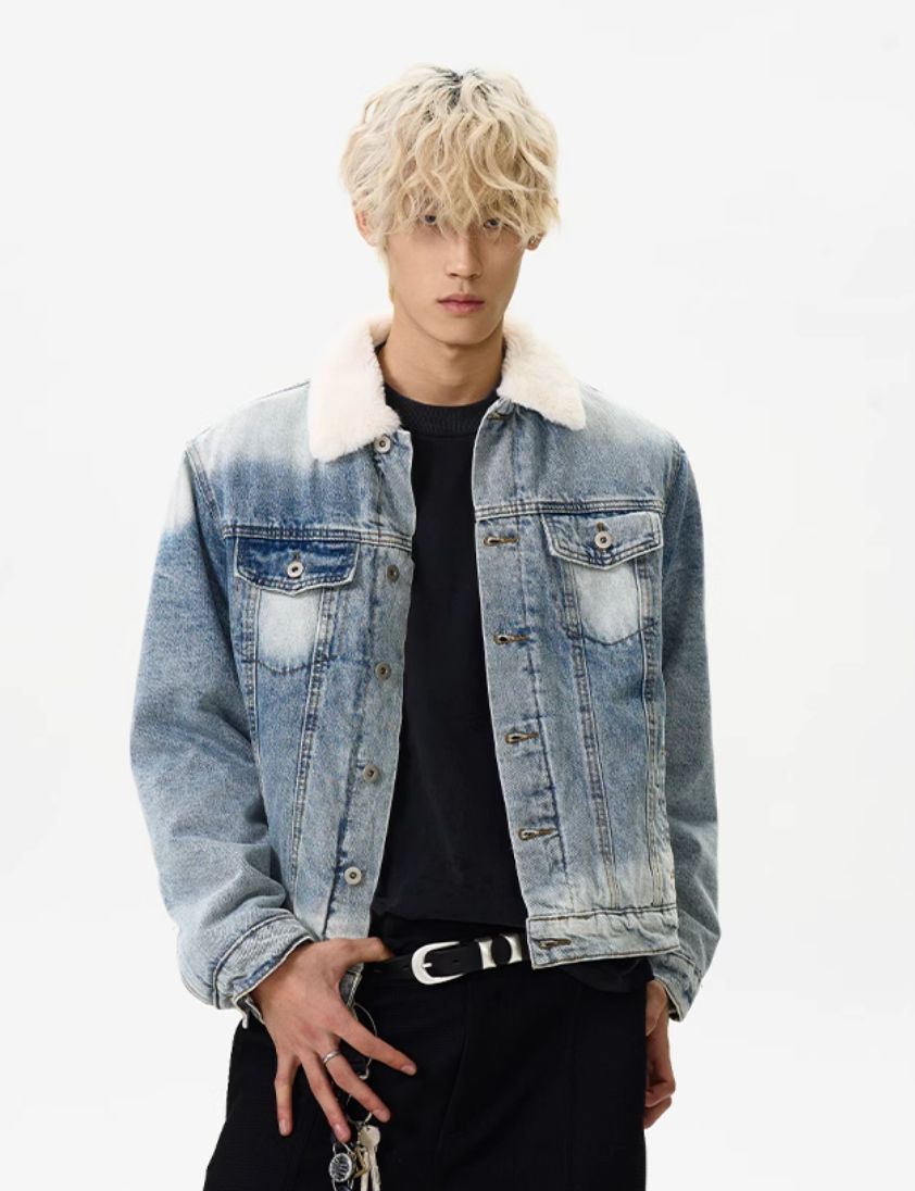 Faded Sherpa Collar Denim Jacket Korean Street Fashion Jacket By A PUEE Shop Online at OH Vault