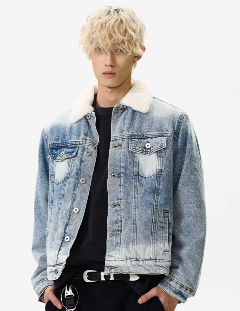 Faded Sherpa Collar Denim Jacket Korean Street Fashion Jacket By A PUEE Shop Online at OH Vault