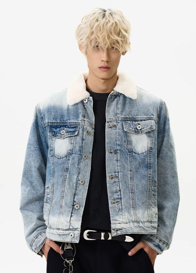 Faded Sherpa Collar Denim Jacket Korean Street Fashion Jacket By A PUEE Shop Online at OH Vault