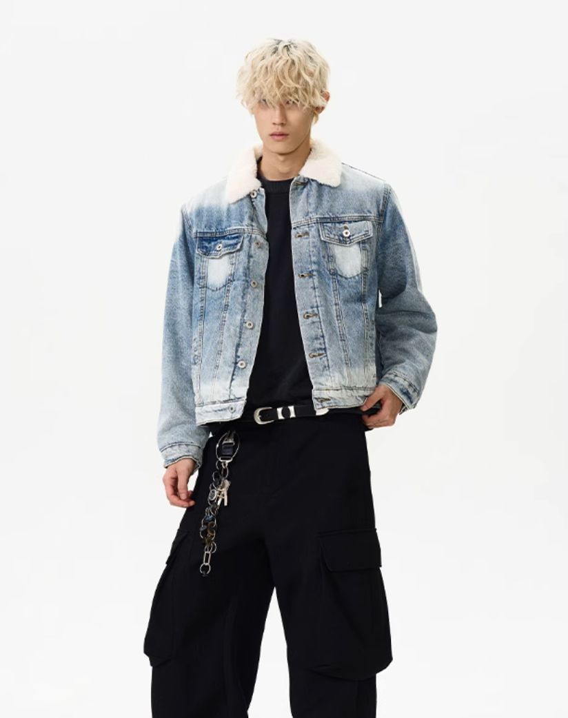 Faded Sherpa Collar Denim Jacket Korean Street Fashion Jacket By A PUEE Shop Online at OH Vault