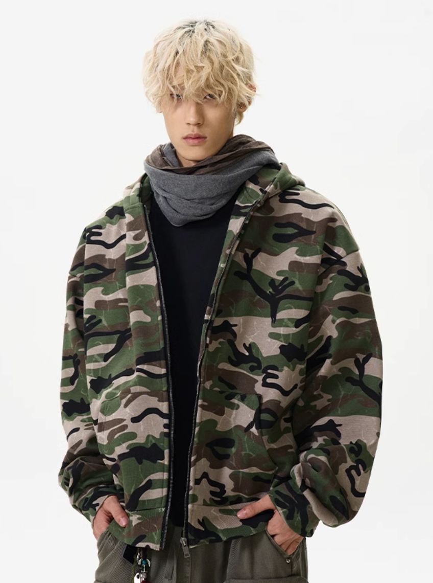 Camouflage Zip-Up Hoodie Korean Street Fashion Hoodie By A PUEE Shop Online at OH Vault