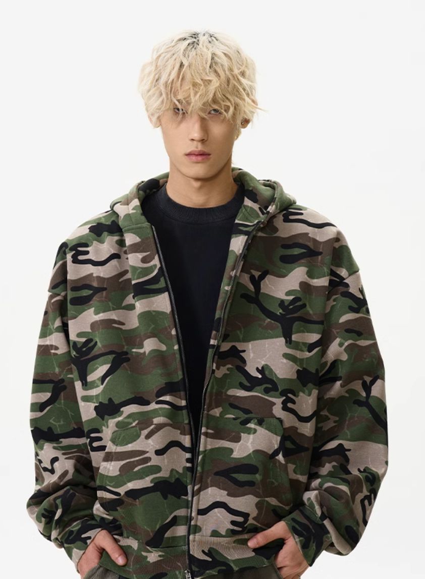 Camouflage Zip-Up Hoodie Korean Street Fashion Hoodie By A PUEE Shop Online at OH Vault