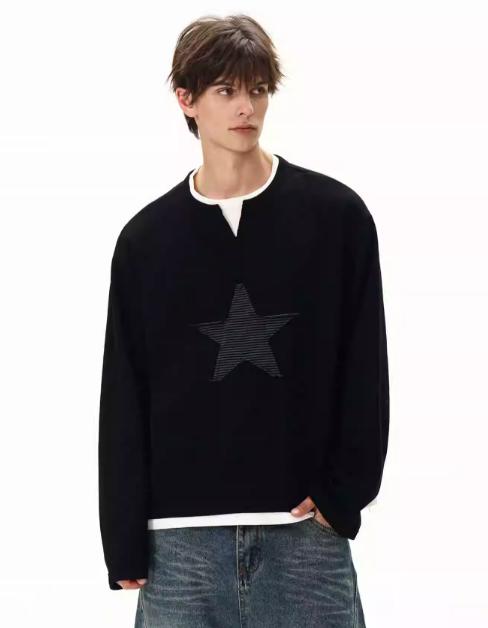 Star Embroidery Textured Long Sleeve T-Shirt Korean Street Fashion T-Shirt By MaxDstr Shop Online at OH Vault