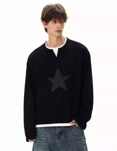 Star Embroidery Textured Long Sleeve T-Shirt Korean Street Fashion T-Shirt By MaxDstr Shop Online at OH Vault