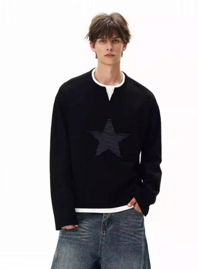 Star Embroidery Textured Long Sleeve T-Shirt Korean Street Fashion T-Shirt By MaxDstr Shop Online at OH Vault