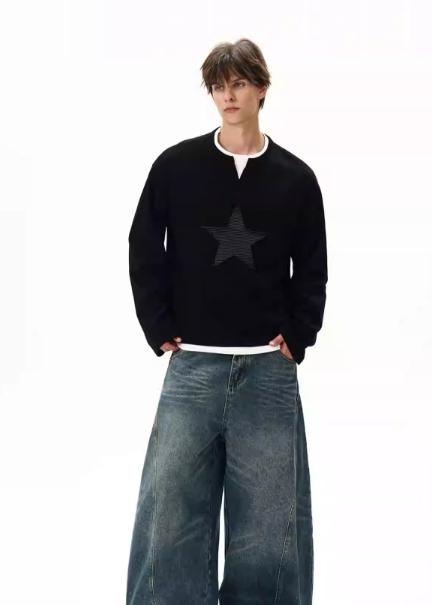 Star Embroidery Textured Long Sleeve T-Shirt Korean Street Fashion T-Shirt By MaxDstr Shop Online at OH Vault