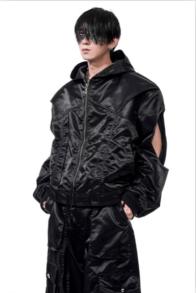 Structured Cut-Out Hooded Jacket & Pleated Pants Set Korean Street Fashion Clothing Set By Slim Black Shop Online at OH Vault