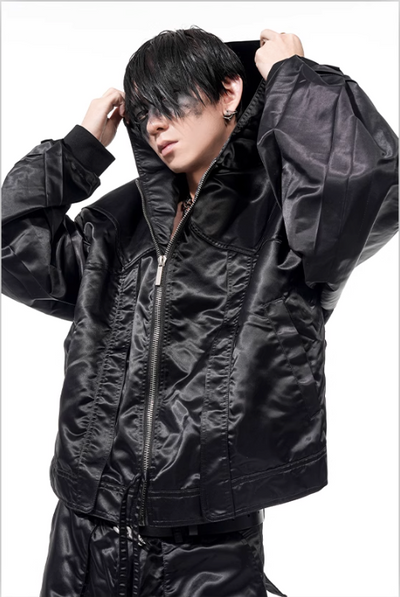 Structured Cut-Out Hooded Jacket & Pleated Pants Set Korean Street Fashion Clothing Set By Slim Black Shop Online at OH Vault