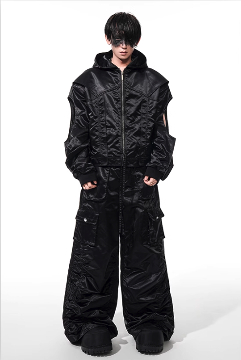 Structured Cut-Out Hooded Jacket & Pleated Pants Set Korean Street Fashion Clothing Set By Slim Black Shop Online at OH Vault