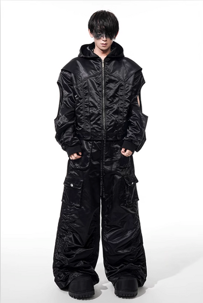 Structured Cut-Out Hooded Jacket & Pleated Pants Set Korean Street Fashion Clothing Set By Slim Black Shop Online at OH Vault