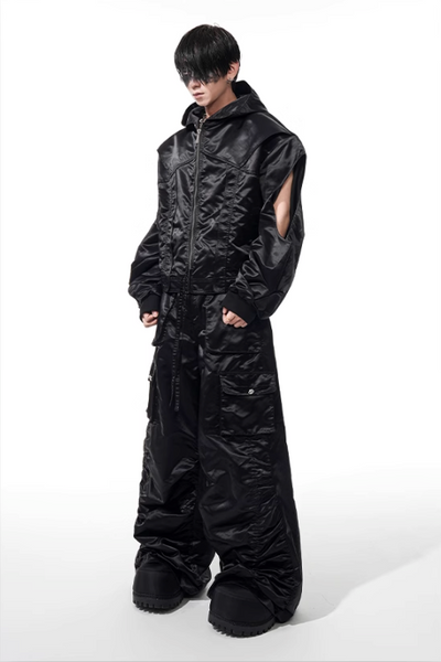 Structured Cut-Out Hooded Jacket & Pleated Pants Set Korean Street Fashion Clothing Set By Slim Black Shop Online at OH Vault