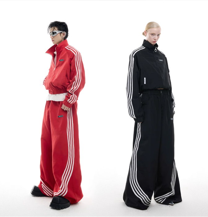 Four-Bar Athletic Jacket & Loose Pants Set Korean Street Fashion Clothing Set By Argue Culture Shop Online at OH Vault
