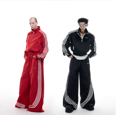 Four-Bar Athletic Jacket & Loose Pants Set Korean Street Fashion Clothing Set By Argue Culture Shop Online at OH Vault