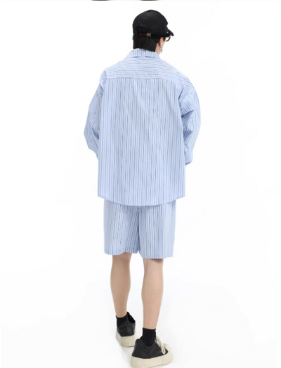 Logo Pocket Striped Shirt & Elastic Waist Shorts Set Korean Street Fashion Clothing Set By INS Korea Shop Online at OH Vault