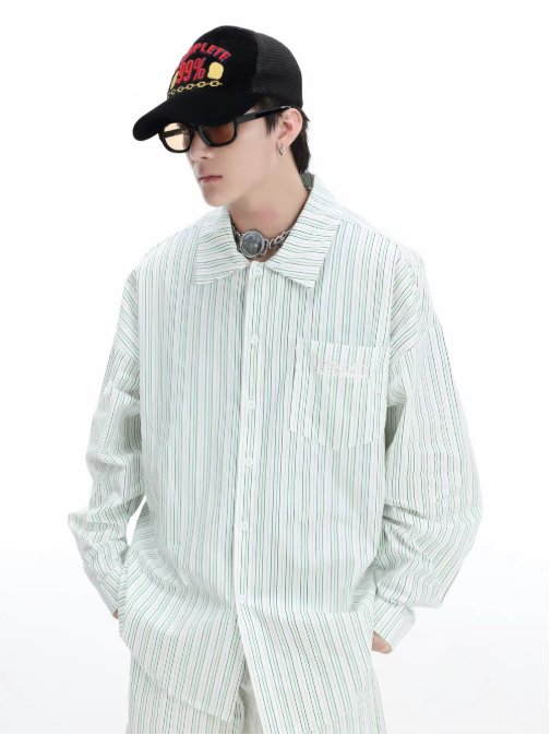 Logo Pocket Striped Shirt & Elastic Waist Shorts Set Korean Street Fashion Clothing Set By INS Korea Shop Online at OH Vault