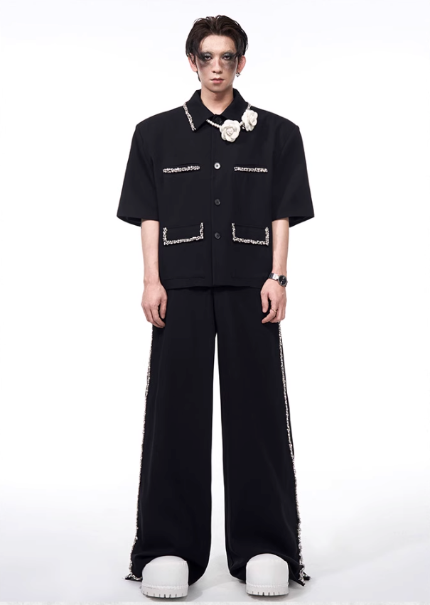 Rhinestone Deco S/S Blazer & Pants Set Korean Street Fashion Clothing Set By Slim Black Shop Online at OH Vault